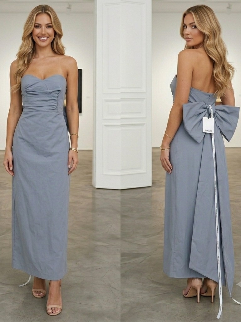 Strapless Sweetheart Maxi Dress with Bow Back in Dusty Blue